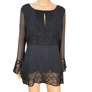 ECI New York Vintage Beaded Black 100% Silk Sheer Blouse Sz L NWT